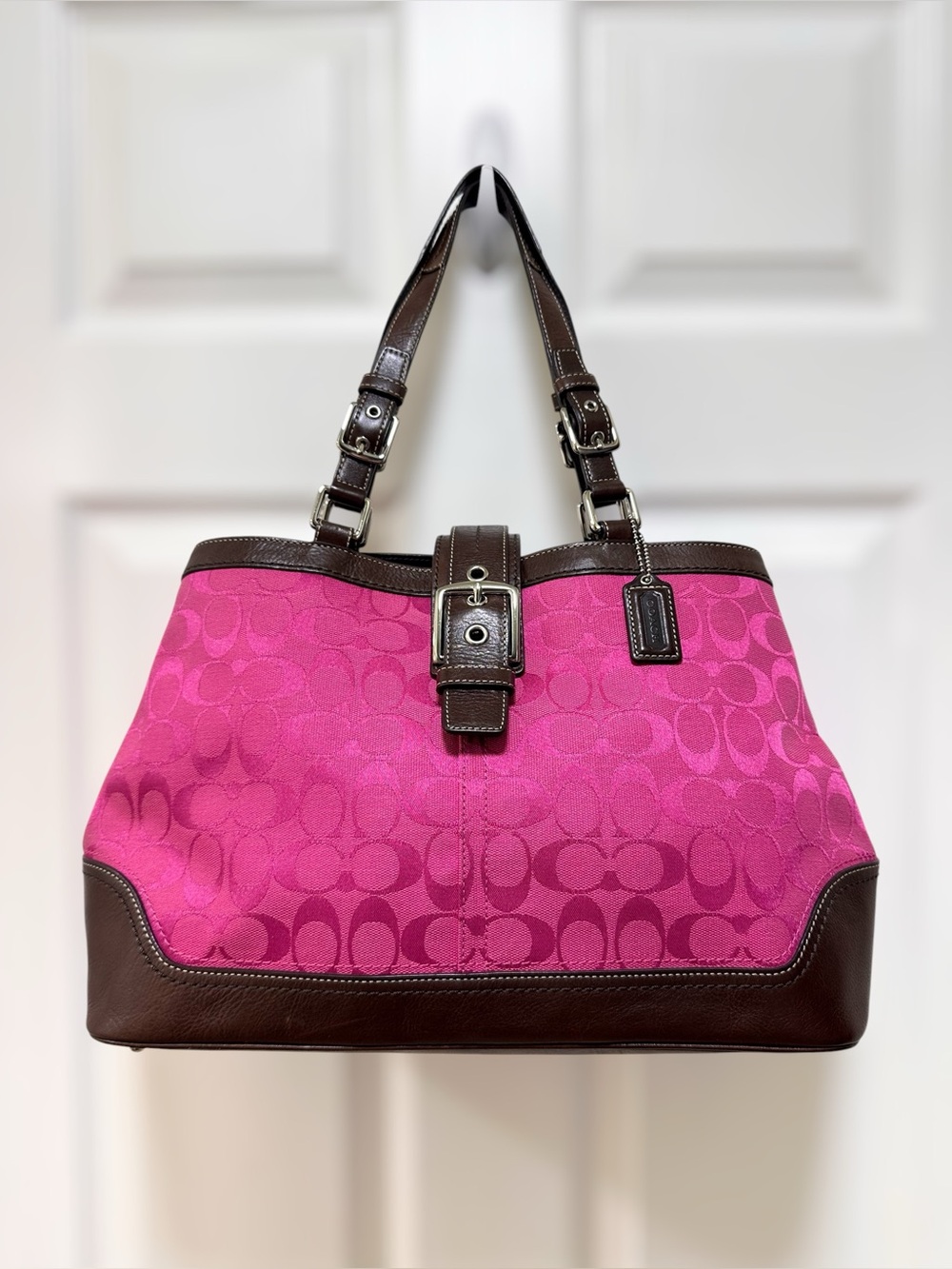 Coach Hamptons Signature Tote Pink Jacquard Brown Leather Buckle Bag Vintage Y2K